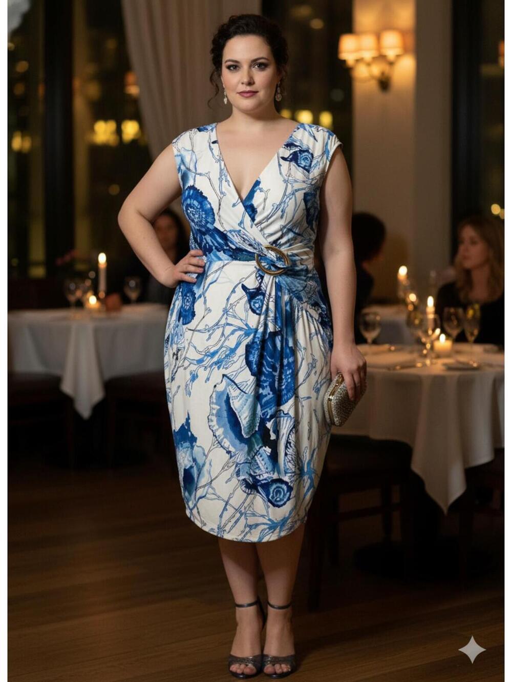 Boston Proper Blue White Floral Wrap Dress Buckle Detail